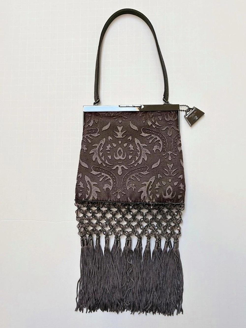 Jeanne Lottie Velvet Damask Fringe Evening Bag - Silver Grey